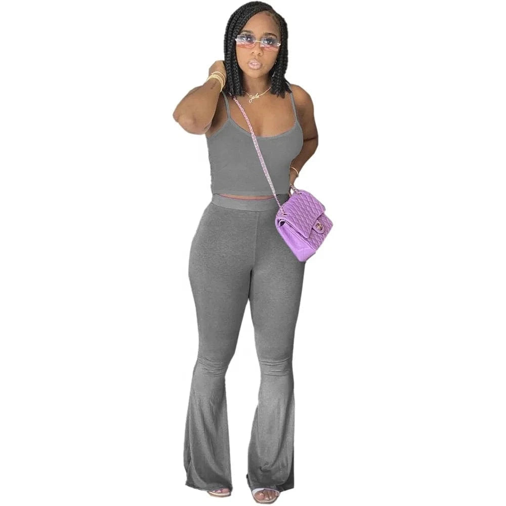 New arrivals Wholesale Solid High Waist Casual 2 Piece Pant Set Women Clothing Sun-top Wide Leg Bell-bottoms