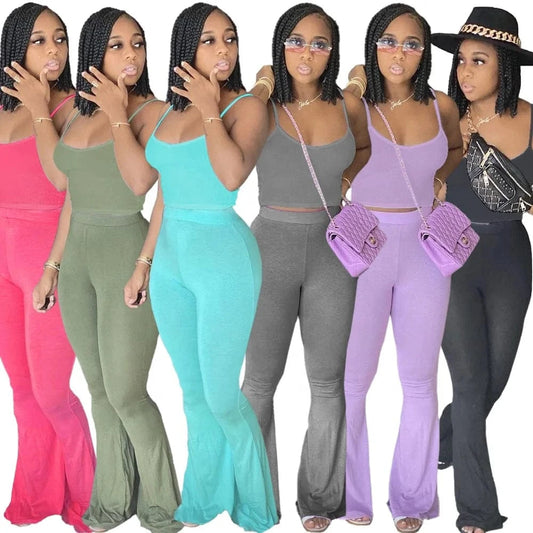 New arrivals Wholesale Solid High Waist Casual 2 Piece Pant Set Women Clothing Sun-top Wide Leg Bell-bottoms