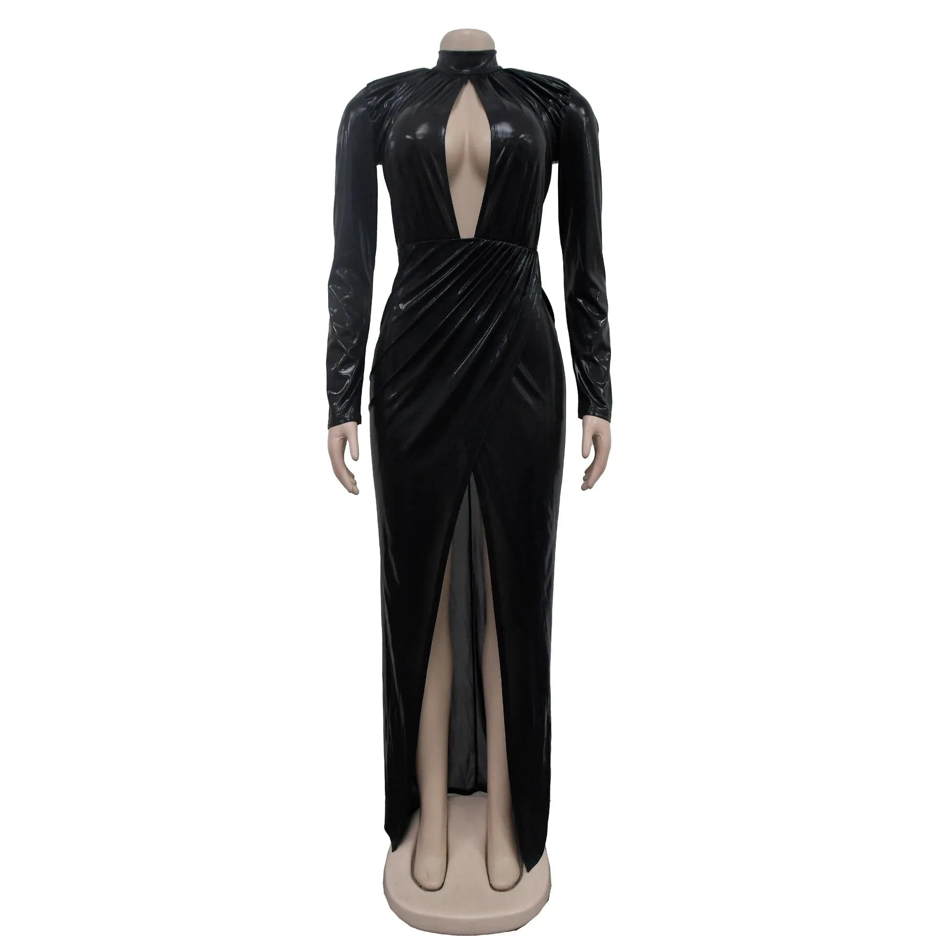 New Arrivals Women Sexy Hollow Out Bodycon Dress Long Sleeve High Neck Dress Fashion Glossy Split Long Dresses