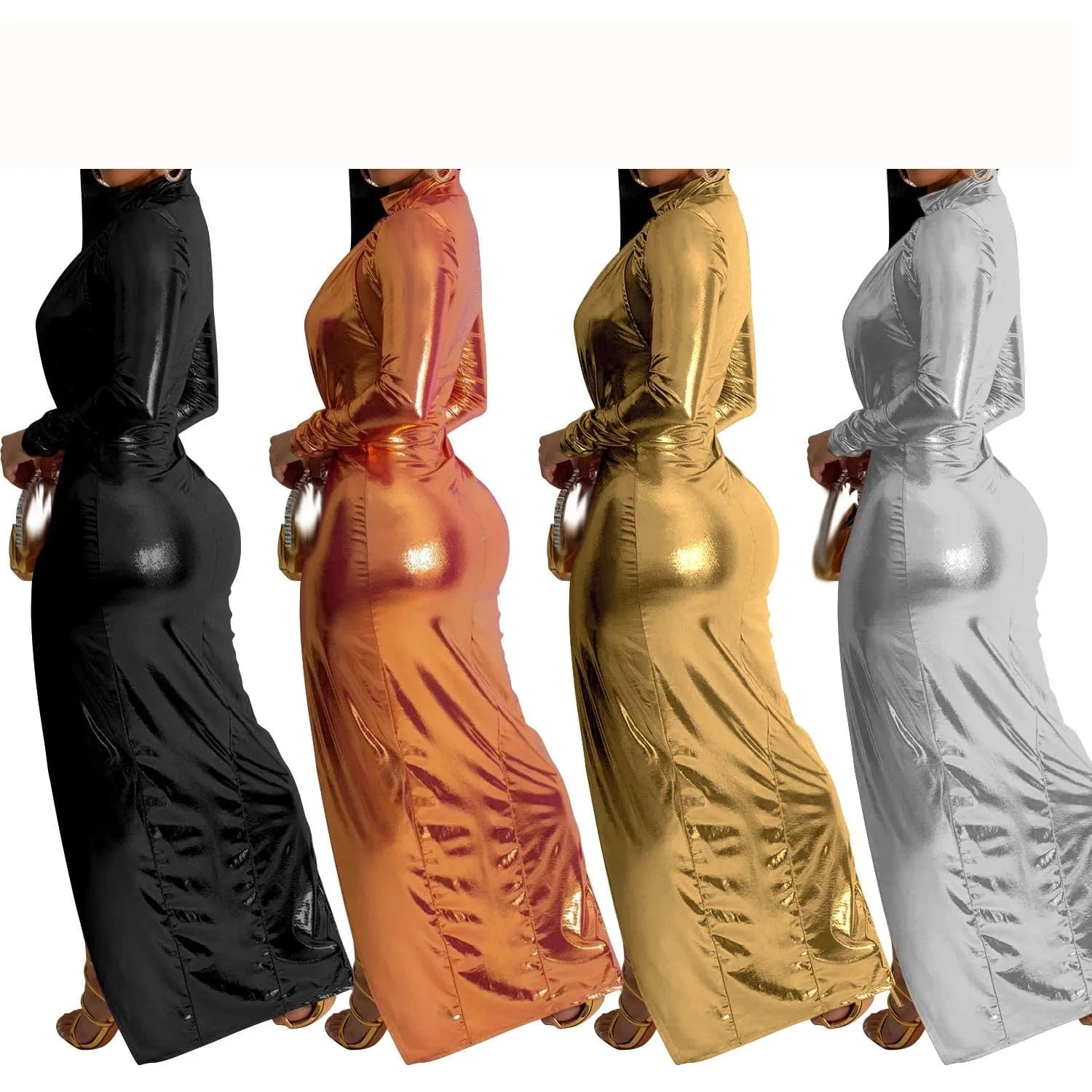 New Arrivals Women Sexy Hollow Out Bodycon Dress Long Sleeve High Neck Dress Fashion Glossy Split Long Dresses