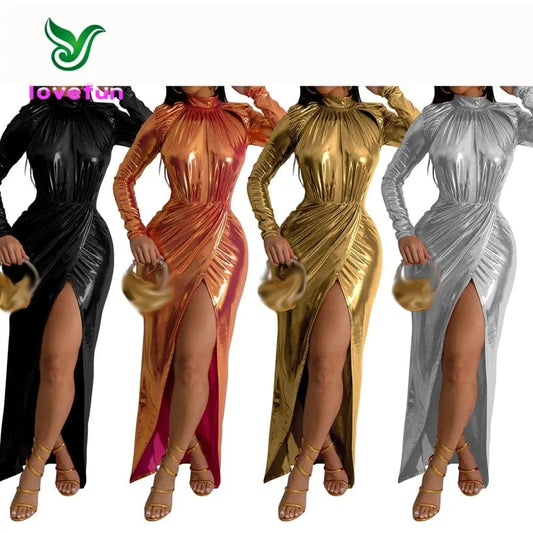 New Arrivals Women Sexy Hollow Out Bodycon Dress Long Sleeve High Neck Dress Fashion Glossy Split Long Dresses