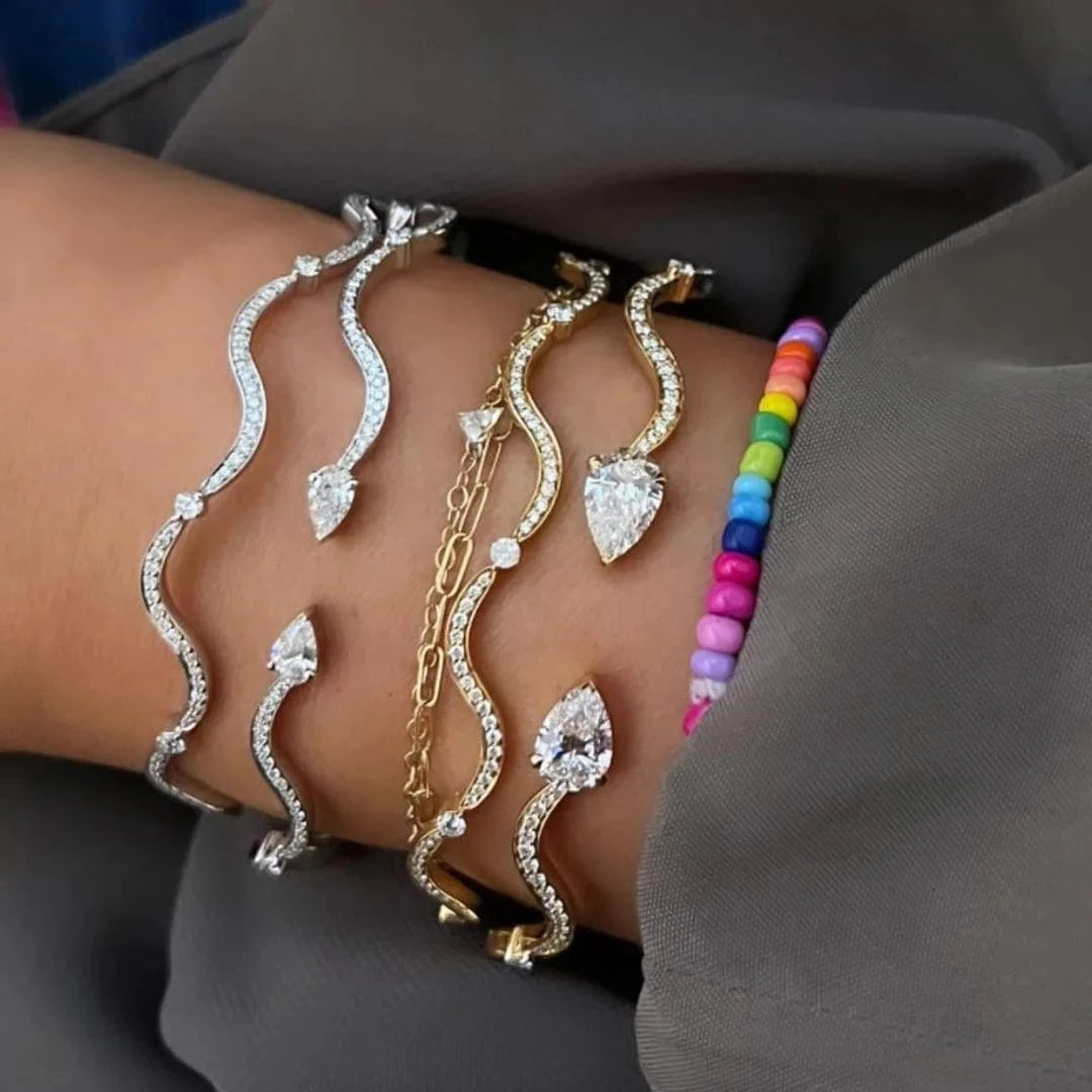 New Arrived Bling Fashion Design Women Girl Gift Party Jewelry 5A Cubic Zirconia CZ Wave Shape Bangle Bracelet