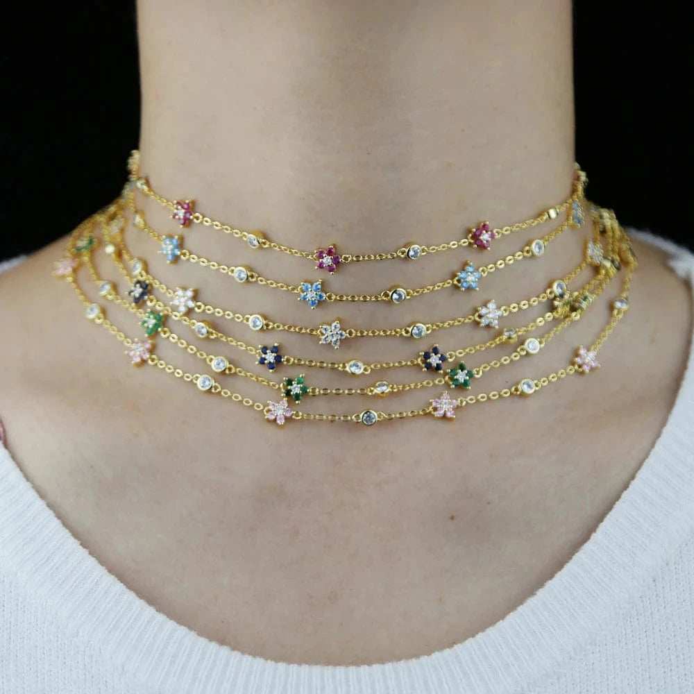 New Arrived High Quality Unique Minimal Delicate Cute Lovely Flower Charm Rainbow Colorful CZ Choker Chain Necklace Jewelry