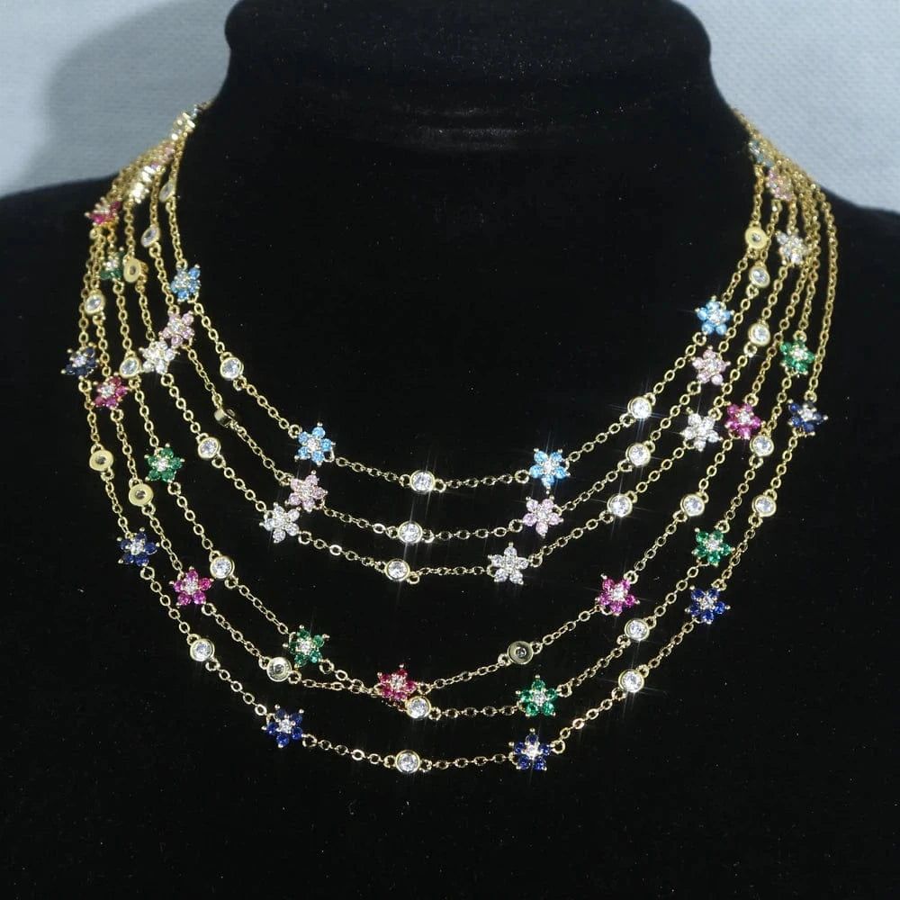 New Arrived High Quality Unique Minimal Delicate Cute Lovely Flower Charm Rainbow Colorful CZ Choker Chain Necklace Jewelry