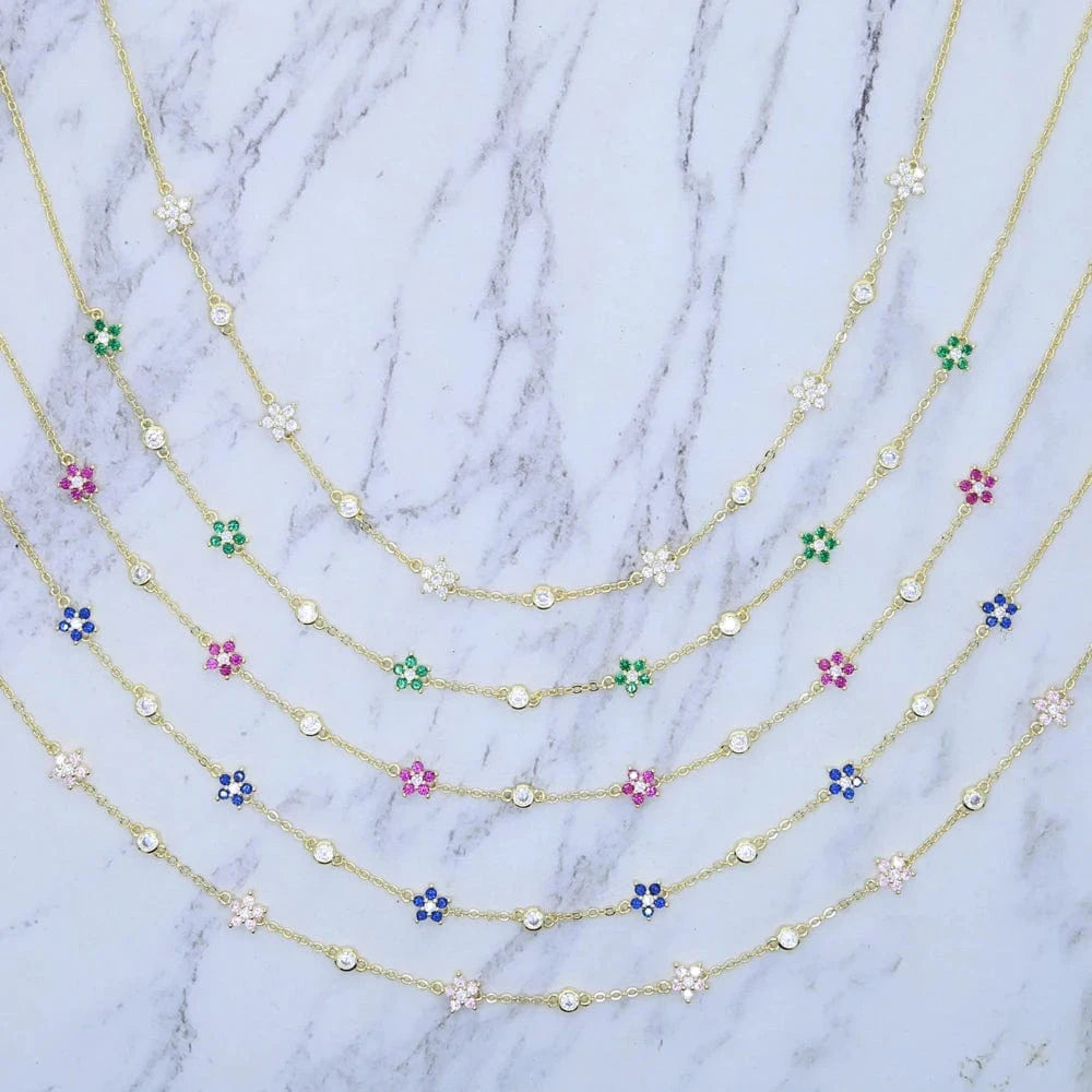 New Arrived High Quality Unique Minimal Delicate Cute Lovely Flower Charm Rainbow Colorful CZ Choker Chain Necklace Jewelry