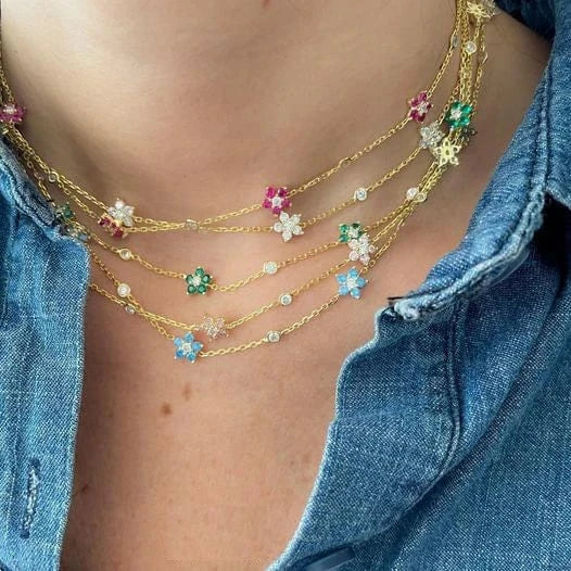 New Arrived High Quality Unique Minimal Delicate Cute Lovely Flower Charm Rainbow Colorful CZ Choker Chain Necklace Jewelry