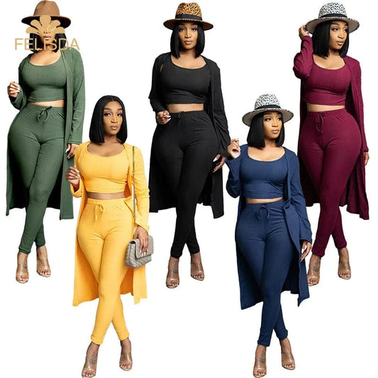 New Autumn Winter Ribbed 3pcs knitted Women Clothes Cardigan Coat Crop Top High Waist Long Pants Tracksuit 3 Piece Set Women