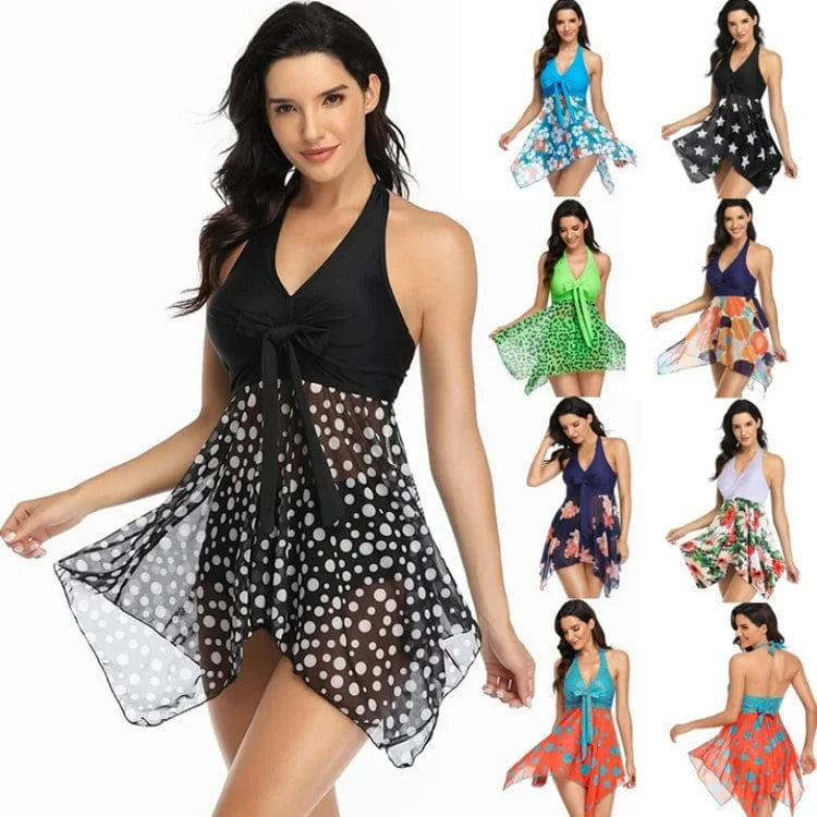 New bikini tie-front halter neck swimsuits floral print split style Two Piece Set swimwear beachwear