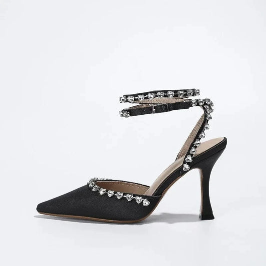 New Black Heart-shaped Rhinestone 11CM Pointed Toe Stiletto Women's Shoes With Heels