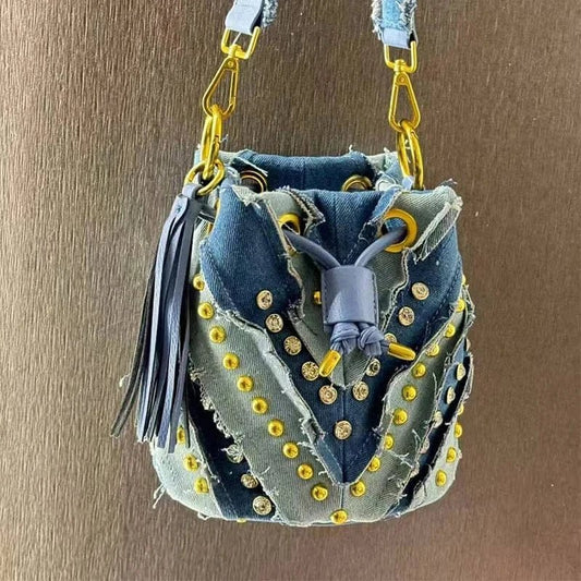 New Brand Fashion Handbag Retro Rivet Design Bucket Bag Versatile Commute Diamond Drawstring Lady Chain Shoulder Underarm Bag - SN Wigs & More