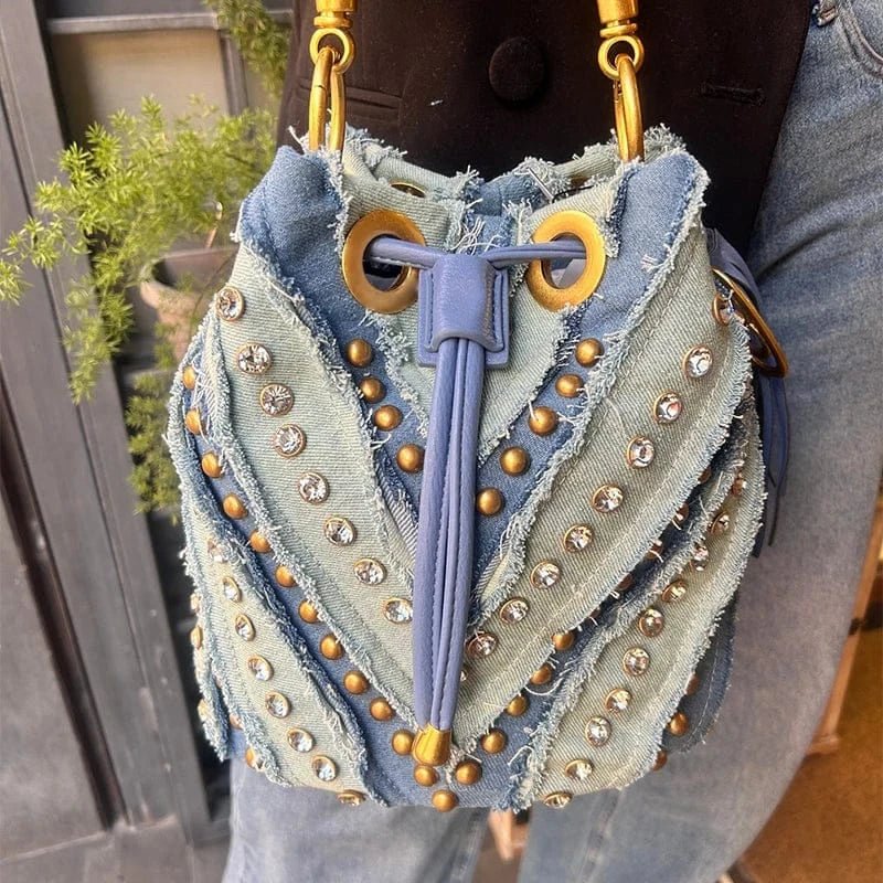 New Brand Fashion Handbag Retro Rivet Design Bucket Bag Versatile Commute Diamond Drawstring Lady Chain Shoulder Underarm Bag - SN Wigs & More