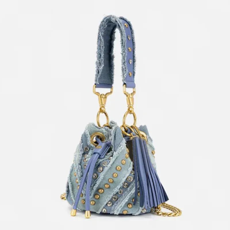 New Brand Fashion Handbag Retro Rivet Design Bucket Bag Versatile Commute Diamond Drawstring Lady Chain Shoulder Underarm Bag - SN Wigs & More