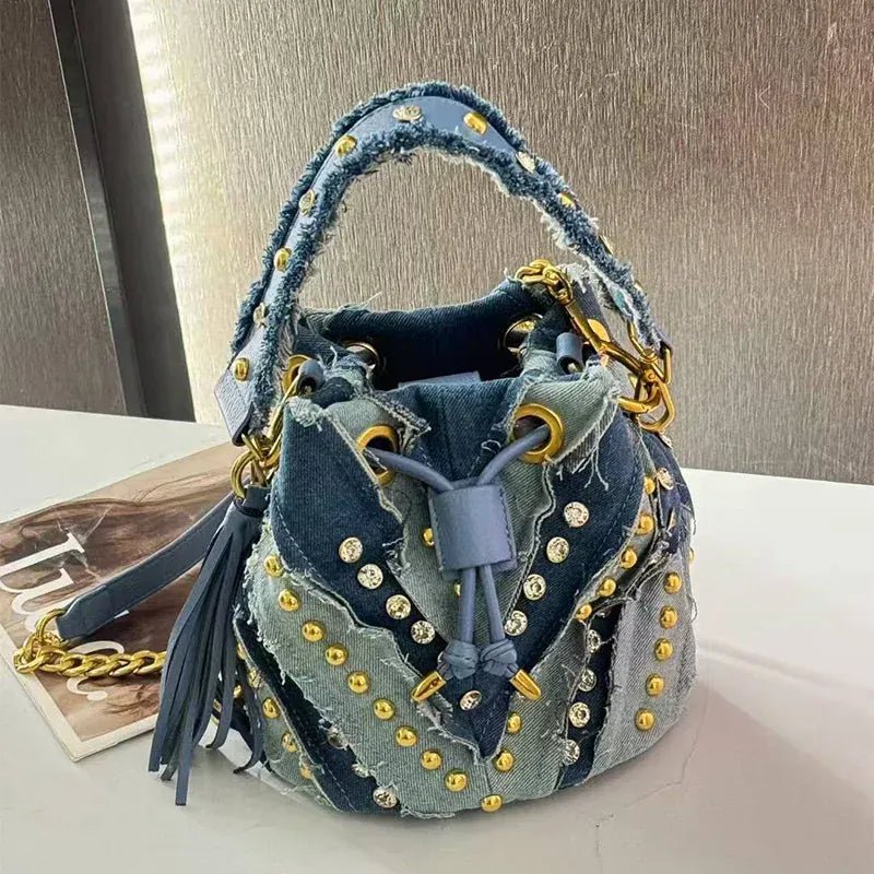 New Brand Fashion Handbag Retro Rivet Design Bucket Bag Versatile Commute Diamond Drawstring Lady Chain Shoulder Underarm Bag - SN Wigs & More