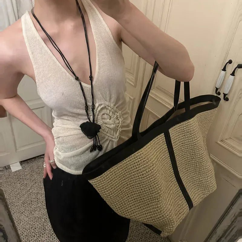 New Brand Woven Women's Tote Bag Large Capacity Splice Versatile Woven Beach Bag Fashion Single Shoulder Straw Bag Underarm Bag - SN Wigs & More