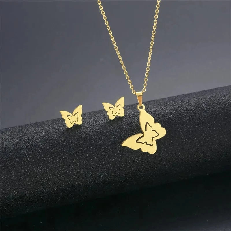 New Cheap Dubai 18K Gold-plated waterproof Stainless Steel Various shapes pendants Gift Necklace Earrings Jewelry Set For Women
