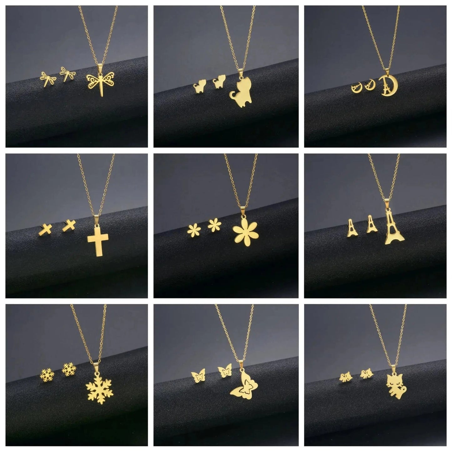 New Cheap Dubai 18K Gold-plated waterproof Stainless Steel Various shapes pendants Gift Necklace Earrings Jewelry Set For Women