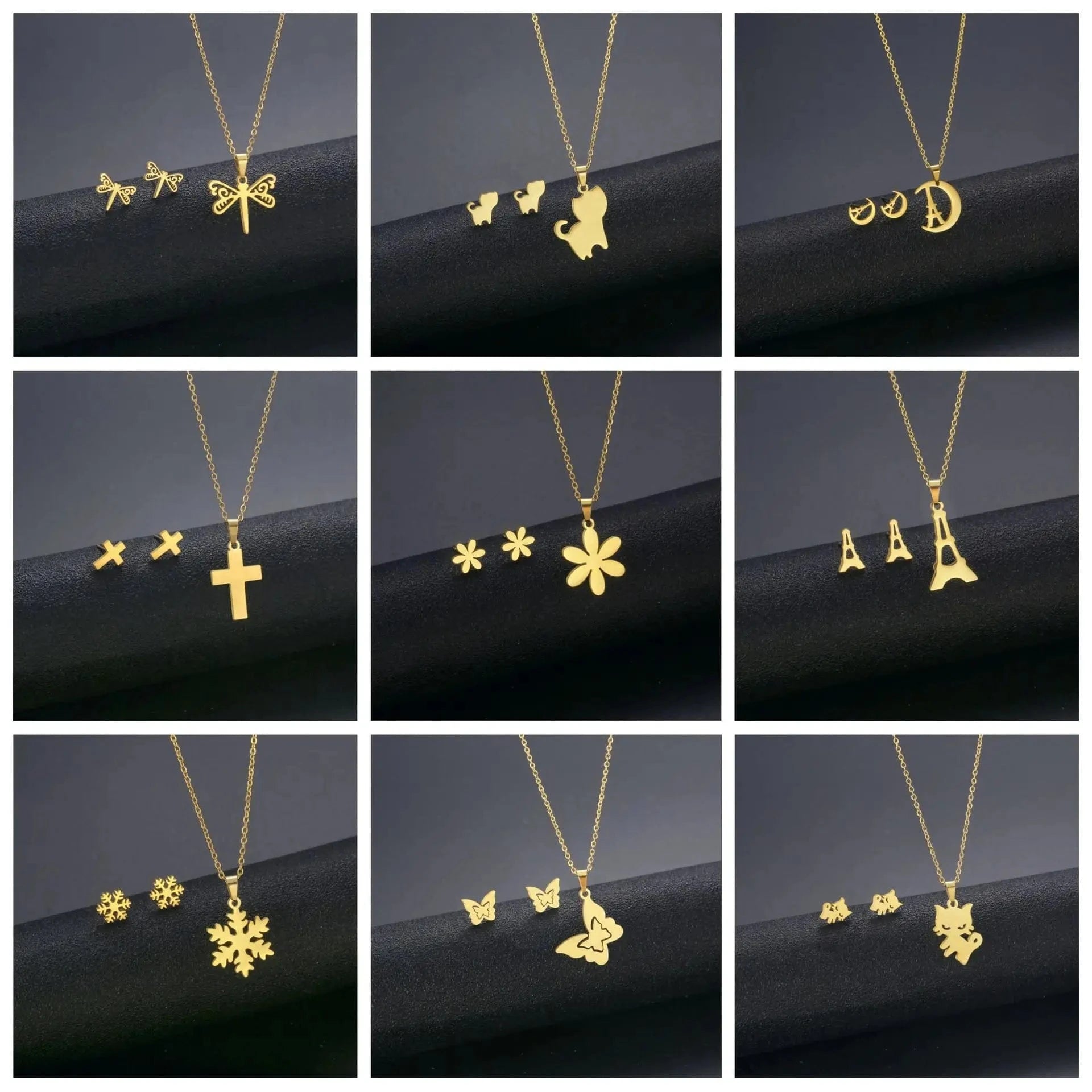 New Cheap Dubai 18K Gold-plated waterproof Stainless Steel Various shapes pendants Gift Necklace Earrings Jewelry Set For Women