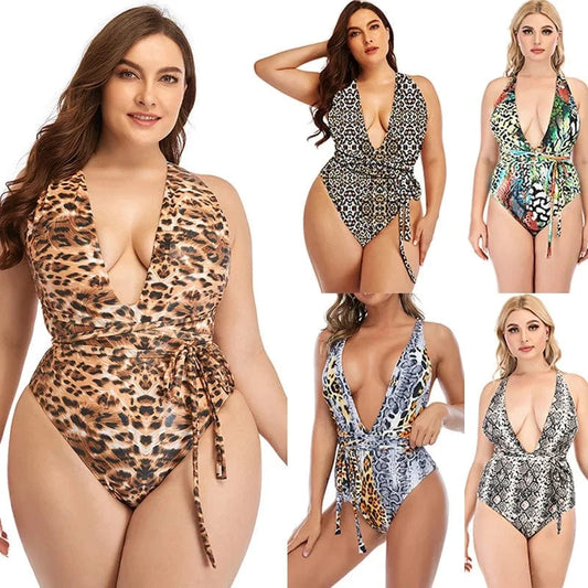 New Cheap Plus Size Bathing Suits One Piece Leopard Print Swimwear Women Sexy Snake Cross Bikini Deep V Backless Large Swimsuit