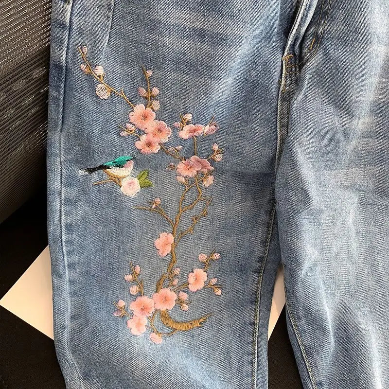 New Chinese high - waisted embroidered jeans women's spring and autumn new fashion loose slim design sense niche split pants. - SN Wigs & More