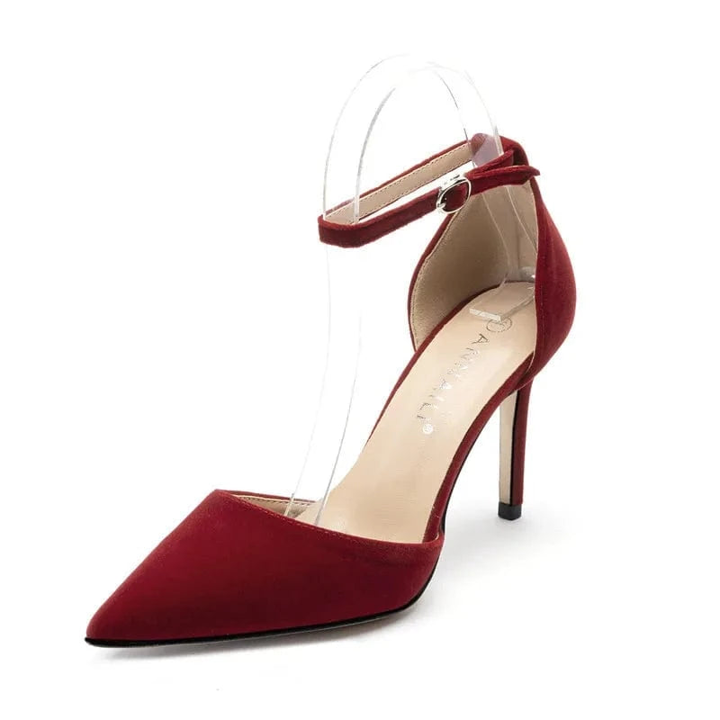 New Claret Suede Bridal Pumps Shoes Female Shallow Ankle Wrap High Heels Stilettos Ladies Wedding Dress Sandals