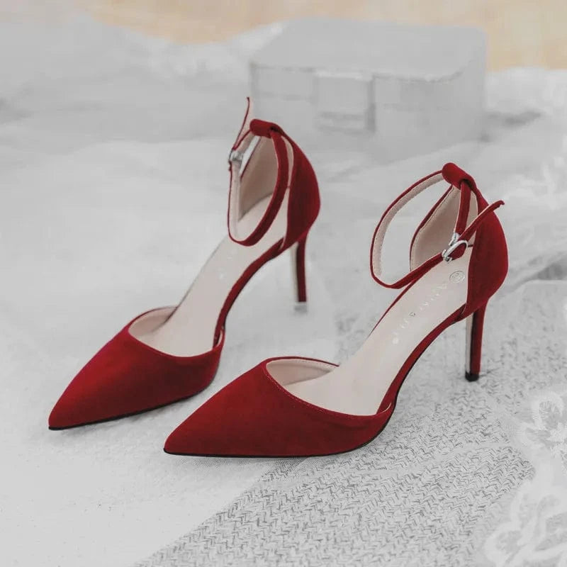 New Claret Suede Bridal Pumps Shoes Female Shallow Ankle Wrap High Heels Stilettos Ladies Wedding Dress Sandals