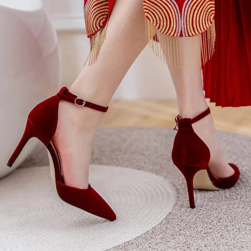 New Claret Suede Bridal Pumps Shoes Female Shallow Ankle Wrap High Heels Stilettos Ladies Wedding Dress Sandals