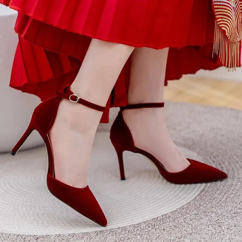 New Claret Suede Bridal Pumps Shoes Female Shallow Ankle Wrap High Heels Stilettos Ladies Wedding Dress Sandals