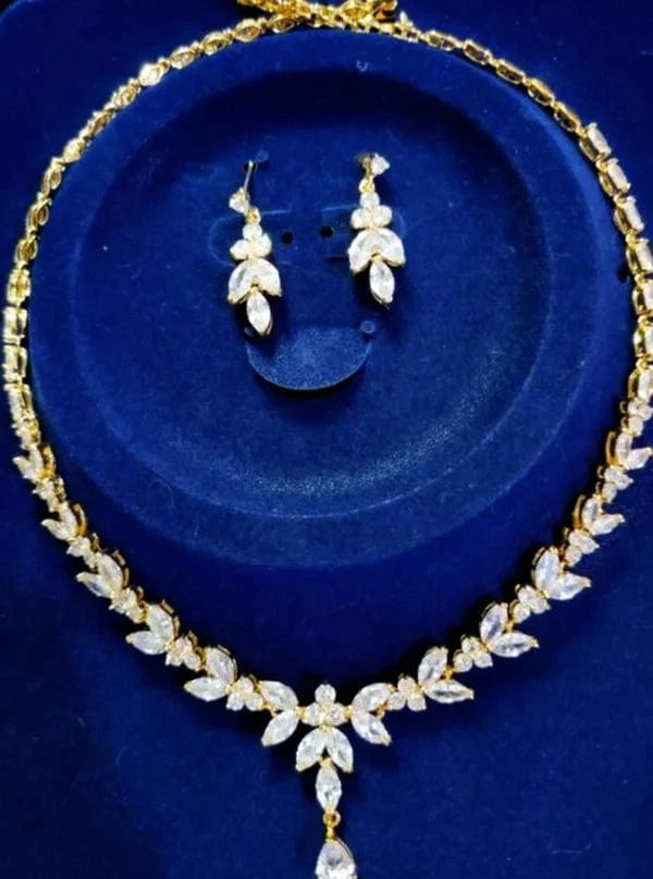 New Custom Flower Leaf Crystal Zircon Rose Gold Color Jewelry Set Wedding Dubai bridal Pendant Necklace Dangle Drop Earrings