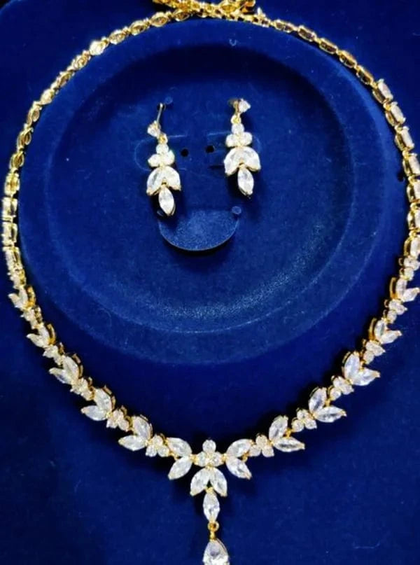 New Custom Flower Leaf Crystal Zircon Rose Gold Color Jewelry Set Wedding Dubai bridal Pendant Necklace Dangle Drop Earrings