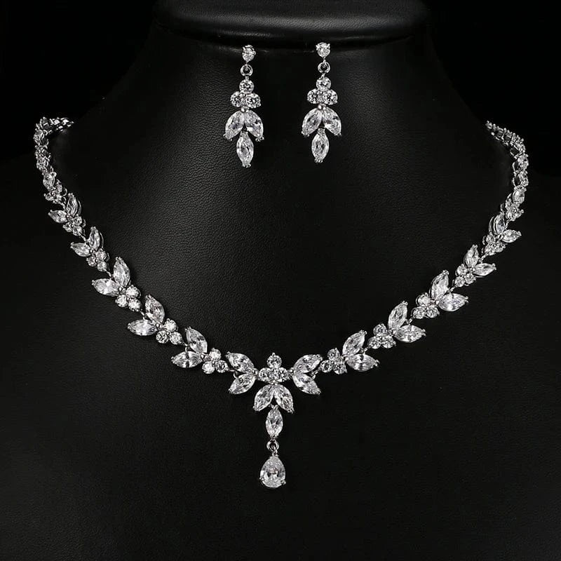 New Custom Flower Leaf Crystal Zircon Rose Gold Color Jewelry Set Wedding Dubai bridal Pendant Necklace Dangle Drop Earrings