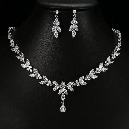 New Custom Flower Leaf Crystal Zircon Rose Gold Color Jewelry Set Wedding Dubai bridal Pendant Necklace Dangle Drop Earrings