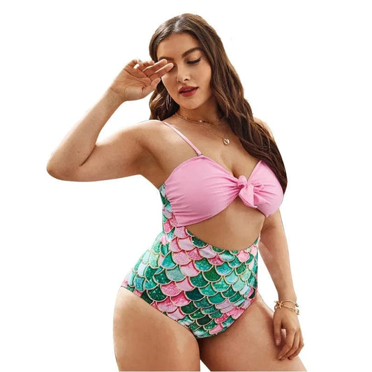 New Cut Out Mermaid Print Plus Size One Piece Swimsuit Large Swimwear Bating Suits for Women 2023