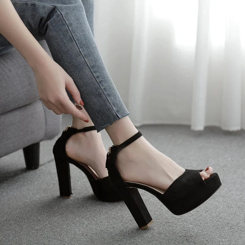 New deign sexy women black suede fashion heels ankle strap platform sandals peep Toe sexy night club high heels Ladies shoes