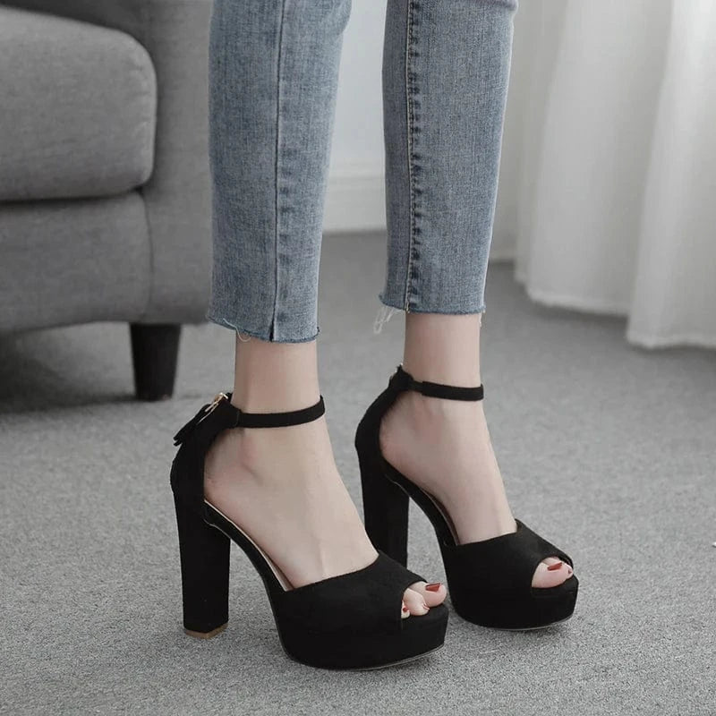 New deign sexy women black suede fashion heels ankle strap platform sandals peep Toe sexy night club high heels Ladies shoes