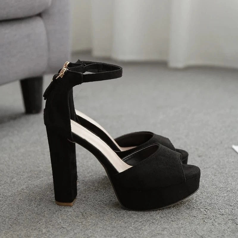 New deign sexy women black suede fashion heels ankle strap platform sandals peep Toe sexy night club high heels Ladies shoes