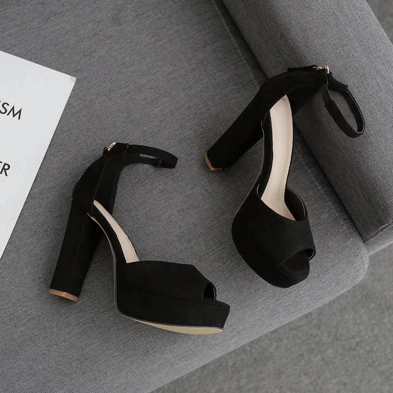 New deign sexy women black suede fashion heels ankle strap platform sandals peep Toe sexy night club high heels Ladies shoes