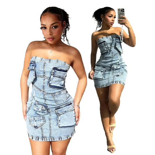 New design 2024 summer boutique S-XL strapless denim jeans casual women's dresses