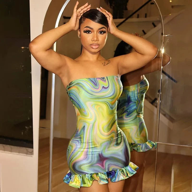 New design 2024 summer boutique strapless beachwear digital print sexy women's dresses