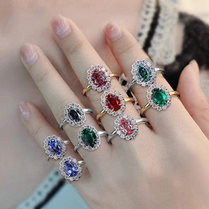 New design 925 sterling silver 10k 14k gold jewelry moissanite halo anillo de oro fancy color oval lab grown gemstones ring