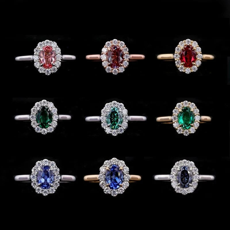 New design 925 sterling silver 10k 14k gold jewelry moissanite halo anillo de oro fancy color oval lab grown gemstones ring