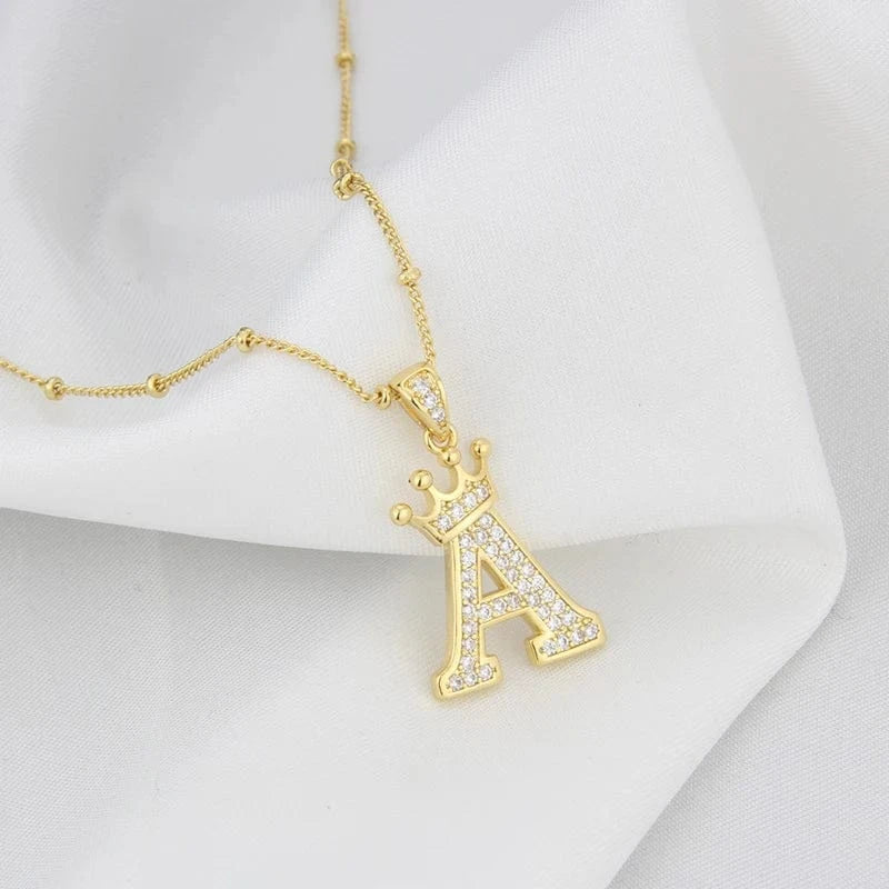 New Design Crown Letters Fashion Jewelry Brass Color Preservation Gold Plated With Zircon A-Z Pendant Chain Necklace For Women