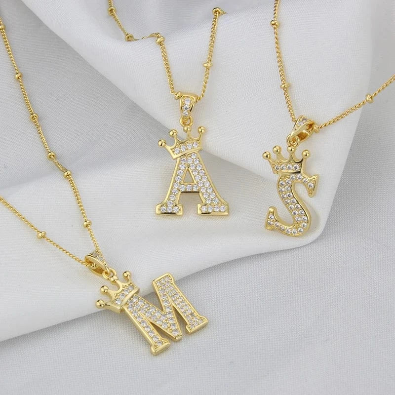 New Design Crown Letters Fashion Jewelry Brass Color Preservation Gold Plated With Zircon A-Z Pendant Chain Necklace For Women