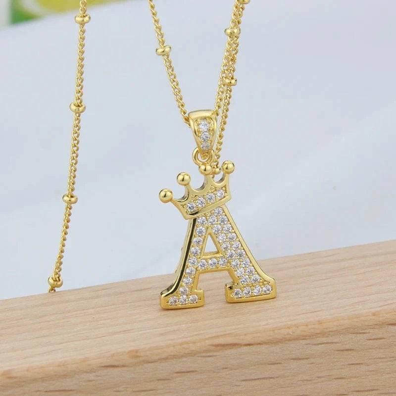 New Design Crown Letters Fashion Jewelry Brass Color Preservation Gold Plated With Zircon A-Z Pendant Chain Necklace For Women