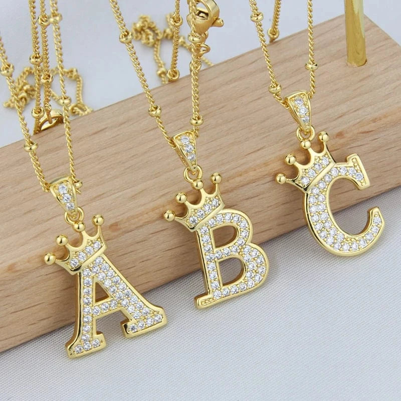 New Design Crown Letters Fashion Jewelry Brass Color Preservation Gold Plated With Zircon A-Z Pendant Chain Necklace For Women