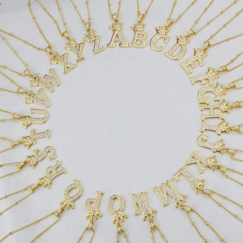 New Design Crown Letters Fashion Jewelry Brass Color Preservation Gold Plated With Zircon A-Z Pendant Chain Necklace For Women