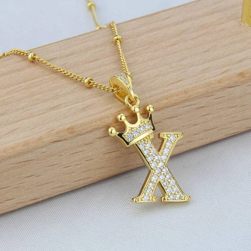 New Design Crown Letters Fashion Jewelry Brass Color Preservation Gold Plated With Zircon A-Z Pendant Chain Necklace For Women