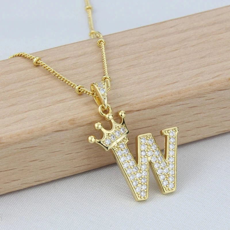 New Design Crown Letters Fashion Jewelry Brass Color Preservation Gold Plated With Zircon A-Z Pendant Chain Necklace For Women