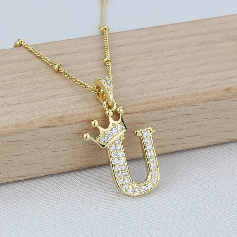 New Design Crown Letters Fashion Jewelry Brass Color Preservation Gold Plated With Zircon A-Z Pendant Chain Necklace For Women