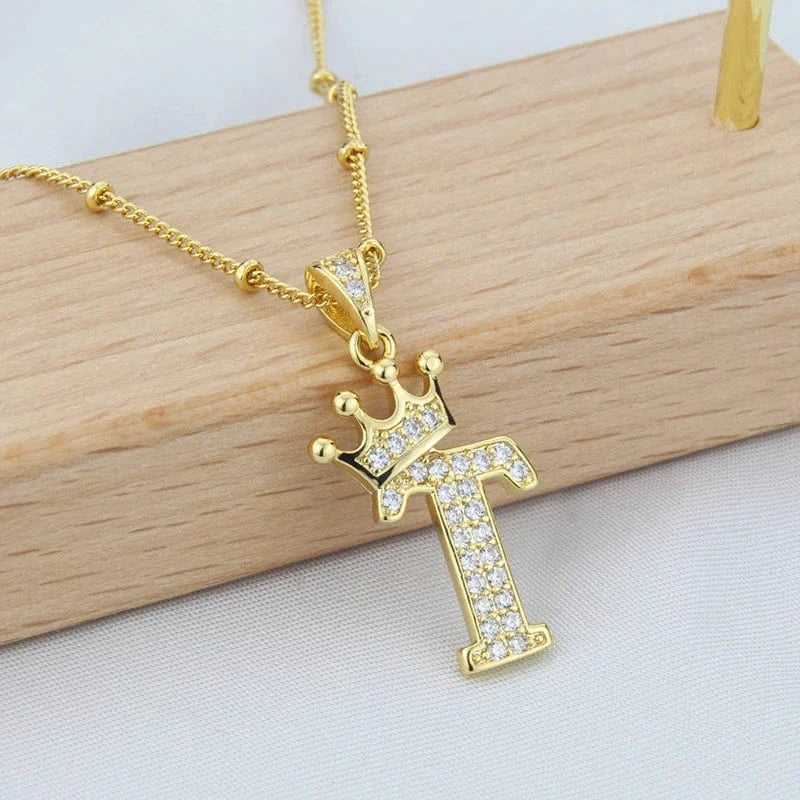 New Design Crown Letters Fashion Jewelry Brass Color Preservation Gold Plated With Zircon A-Z Pendant Chain Necklace For Women