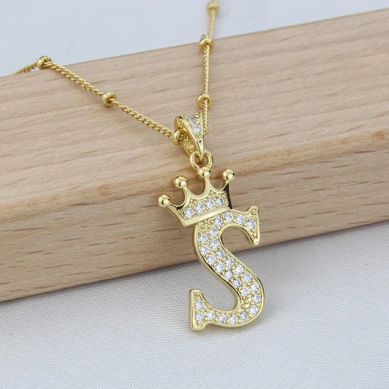 New Design Crown Letters Fashion Jewelry Brass Color Preservation Gold Plated With Zircon A-Z Pendant Chain Necklace For Women